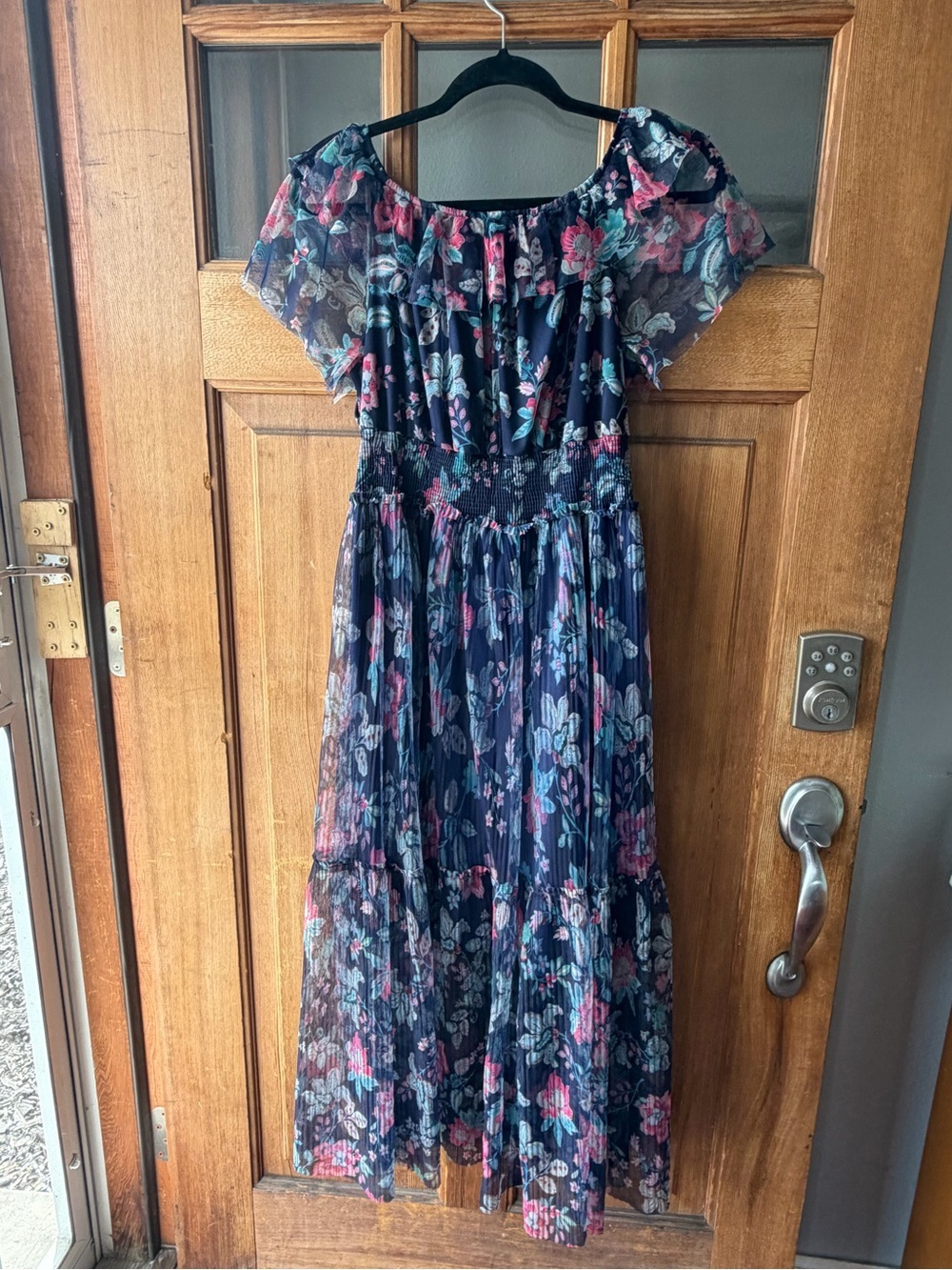 Lapis Navy Floral Off-Shoulder Maxi Dress with Pink & Light Blue Blooms